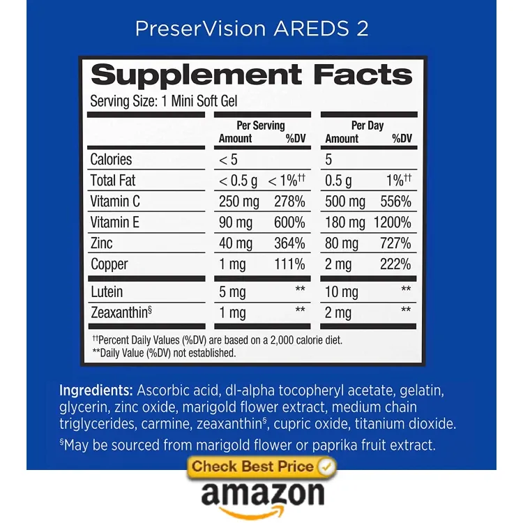 PreserVision AREDS 2 Eye Vitamin & Mineral Supplement Facts
